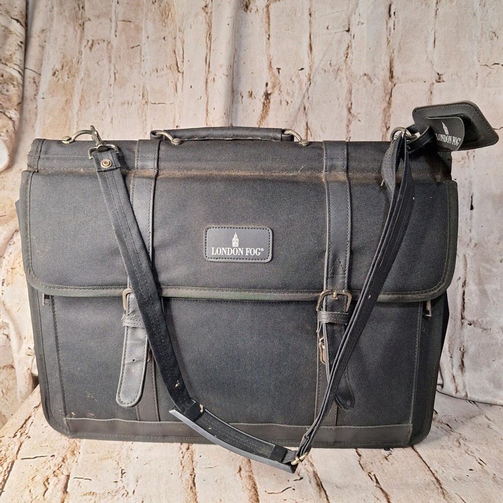 Vintage London Fog Black Canvas Briefcase‎ Laptop Travel Office Work Bag 19"x15"